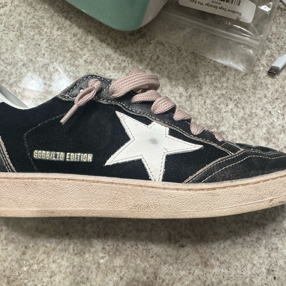 Golden Goose Black and White Sneakers with Pink Laces